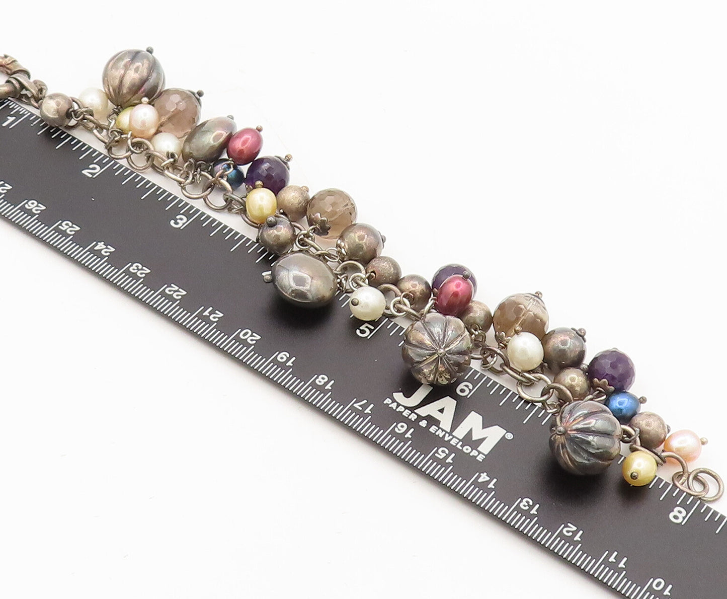 925 Sterling Silver Vintage Bracelet Sphere Cut Pearls Smokey Quartz  BT10255