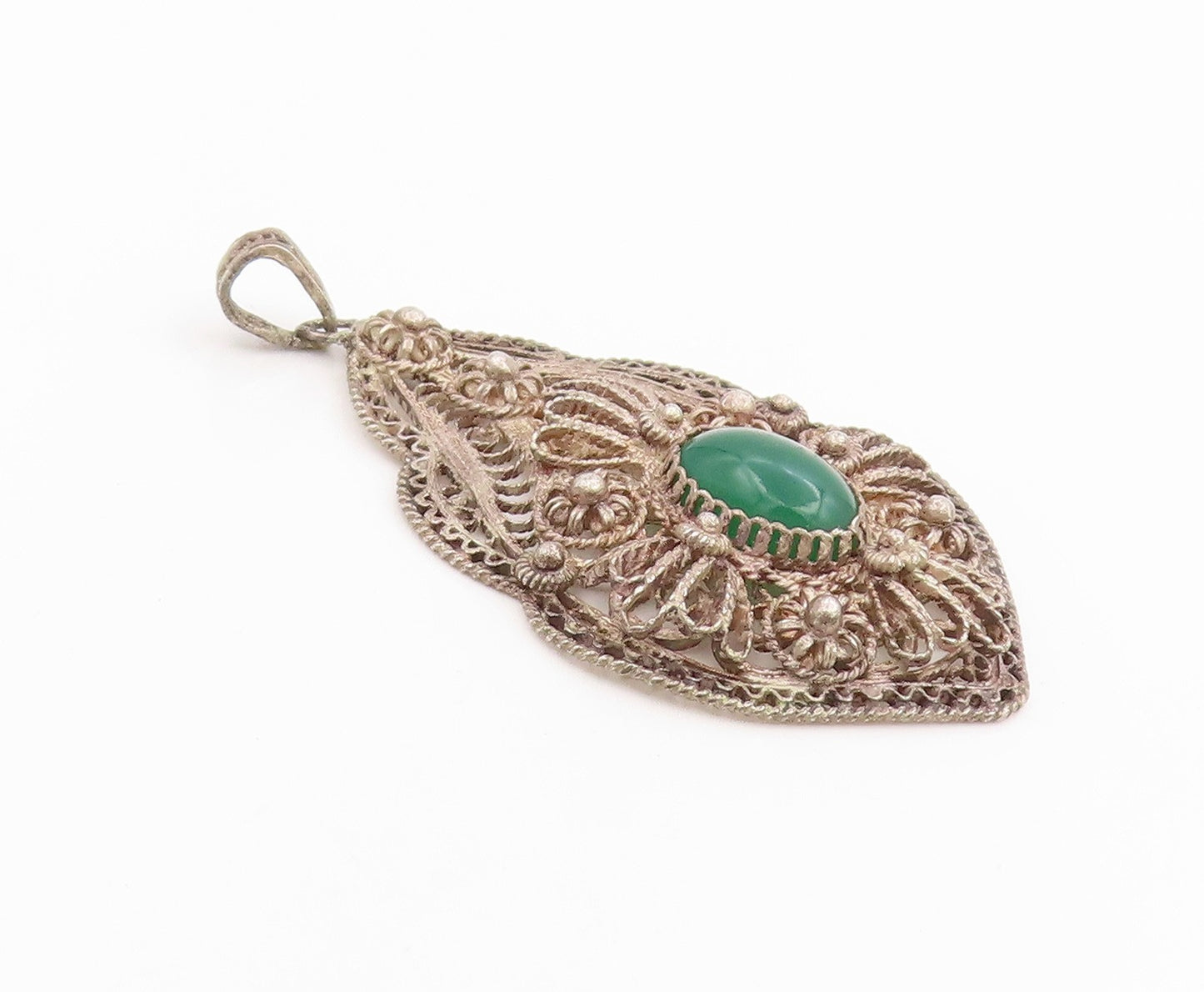 925 Sterling Silver Vintage Pendant Green Onyx Intricate Filigree Locket PT26253