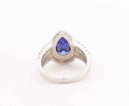 925 Sterling Silver Vintage Ring Drop Cut Sapphire Halo CZ Inlay  Sz 7  RG29025