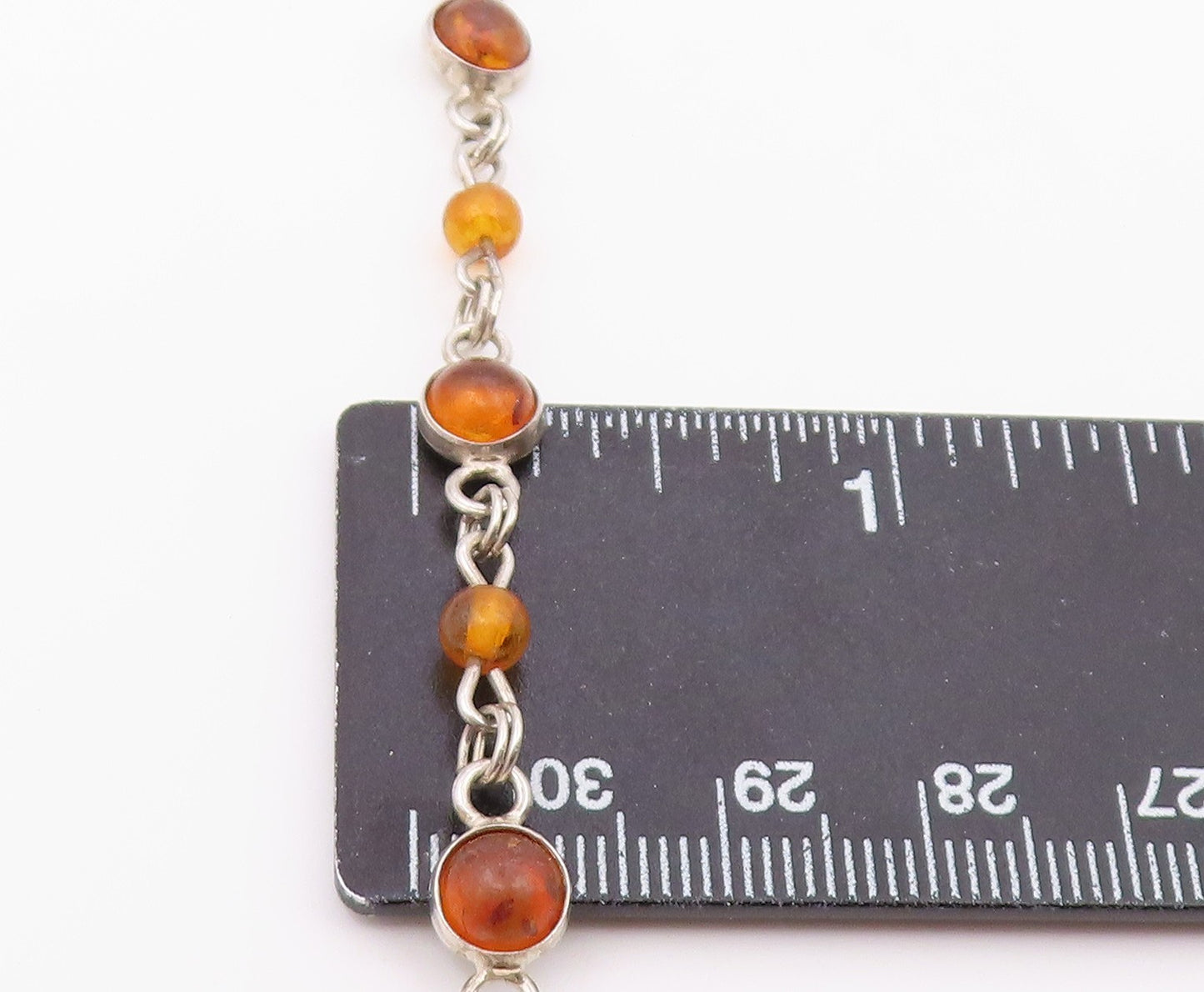 925 Sterling Silver  Vintage Cabochon Cut Amber Round Chain Bracelet  BT6849