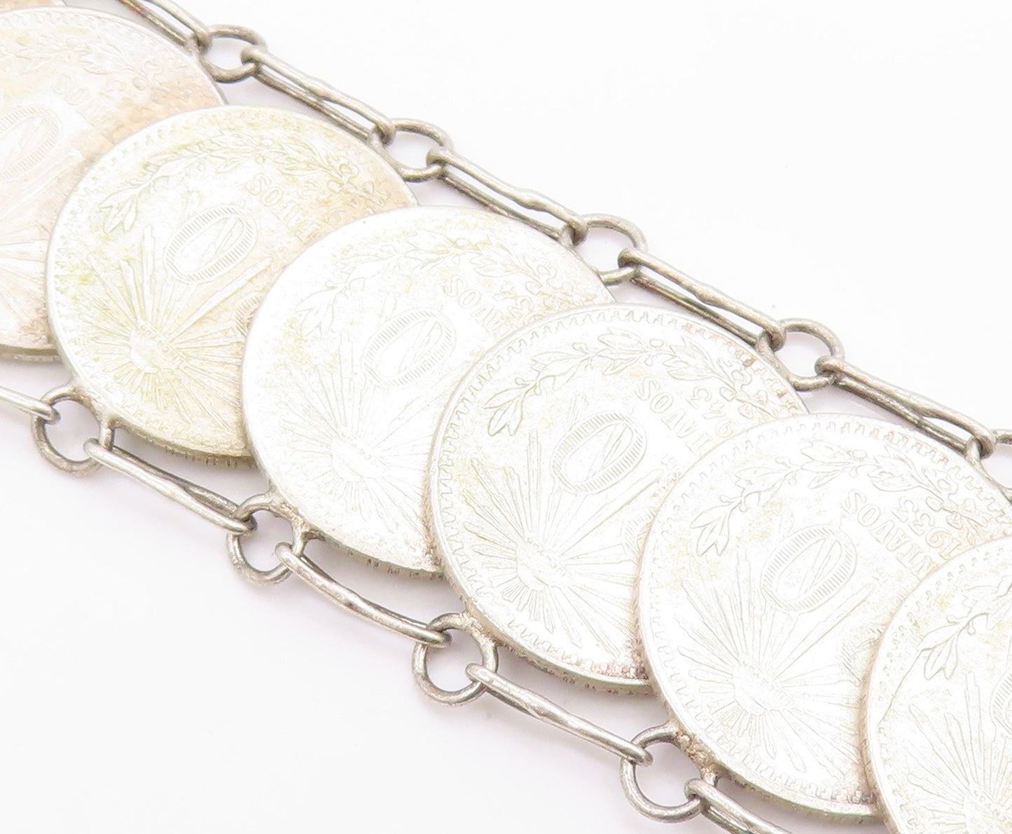 925 Sterling Silver Vintage Bracelet Modernist Mexican Peso Coin Link  BT12051