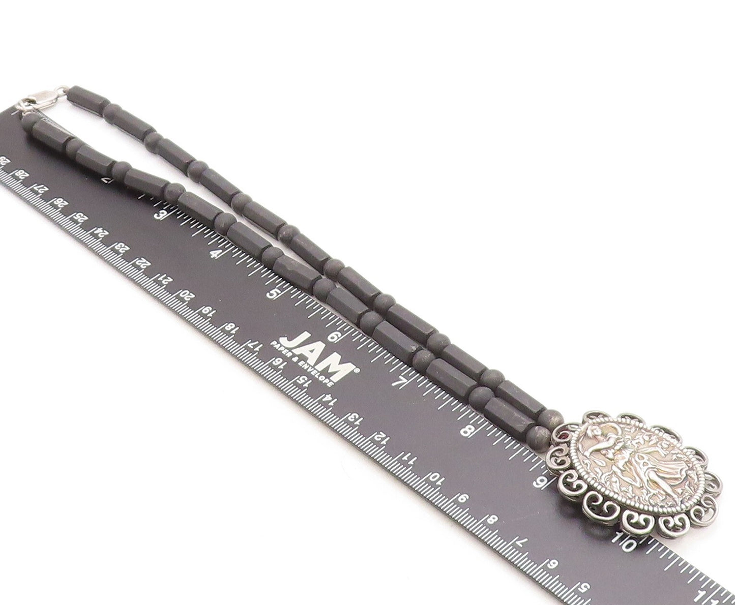 925 Sterling Silver Vintage Embossed Woman Black Beaded Chain Necklace NE1342