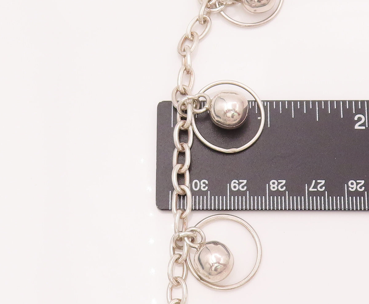 925 Silver  Vintage Round Link Chain Dangling Beaded Ring Bracelet  BT9862