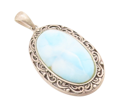 925 Sterling Silver Vintage Pendant Swirly Carved Oval Frame Larimar  PT23761