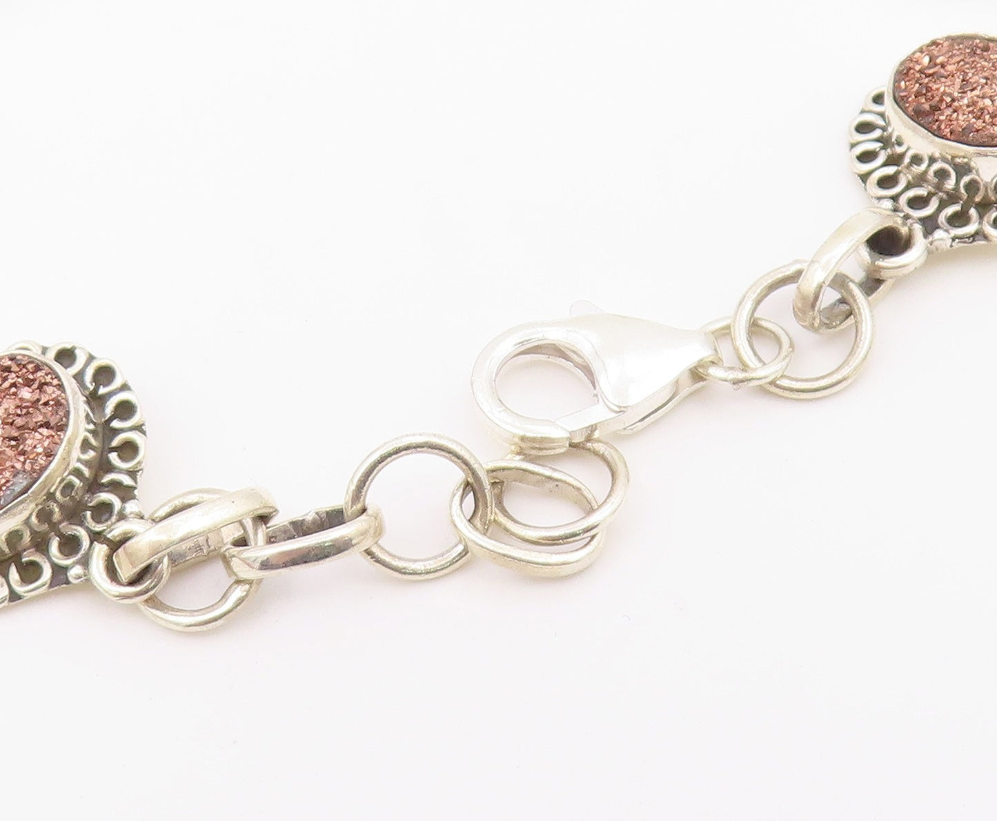 925 Sterling Silver  Druzy Stone Shiny Floral Link Chain Bracelet  BT3641