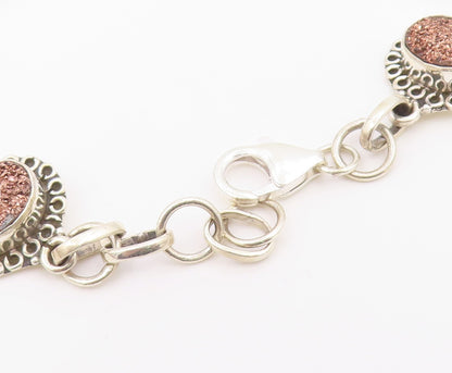 925 Sterling Silver  Druzy Stone Shiny Floral Link Chain Bracelet  BT3641
