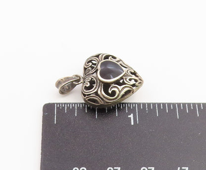 925 Sterling Silver Vintage Pendant Onyx Open Scrollwork Love Heart  PT26544