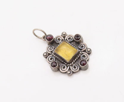 925 Sterling Silver Vintage Pendant Dark Tone Swirly Carved Citrine  PT23553