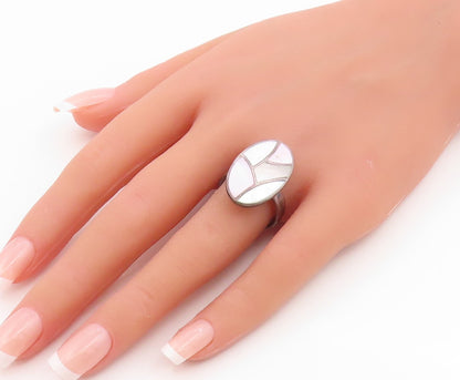 925 Sterling Silver Vintage Ring Mother Of Pearl Inlay Band  Sz 8.5  RG35647
