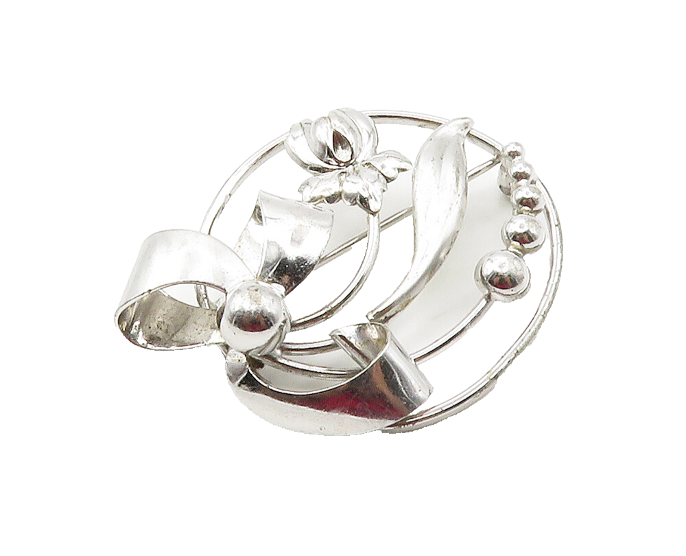 CARL ART 925 Sterling Silver  Shiny Shiny Floral Ribbon Brooch Pin  BP6078