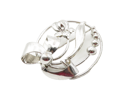 CARL ART 925 Sterling Silver  Shiny Shiny Floral Ribbon Brooch Pin  BP6078