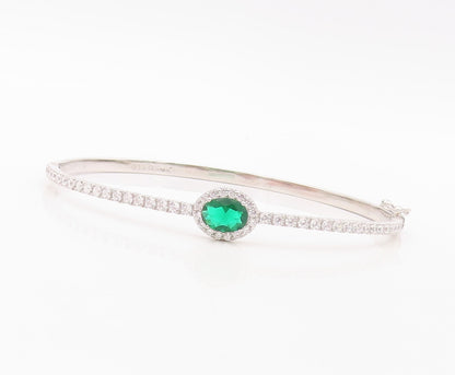 925 Sterling Silver Vintage Bracelet Oval Green Halo White CZ Bangle  BT10709