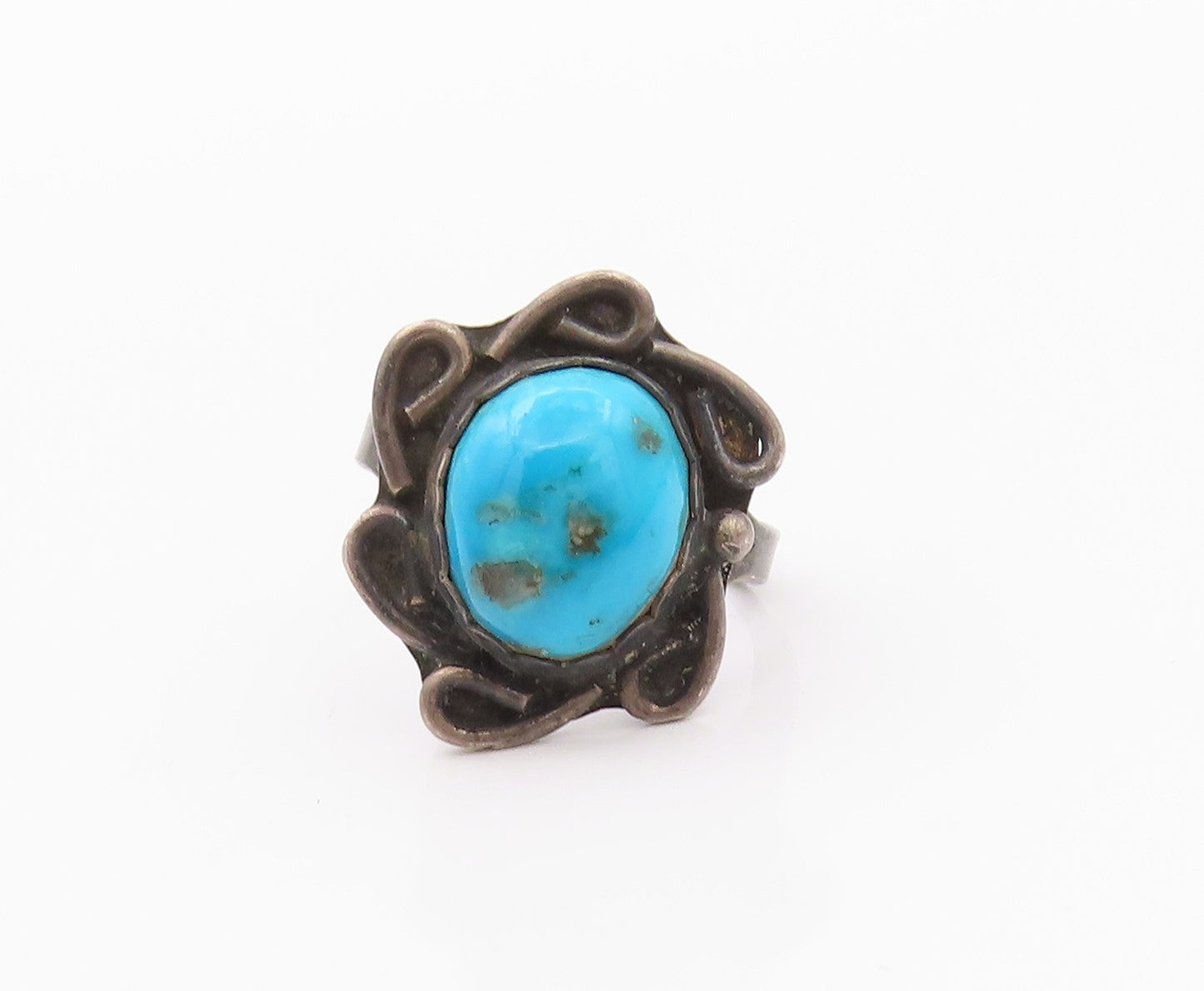 925 Sterling Silver Vintage Ring NAVAJO Oval Turquoise Flower  Sz 6  RG32544