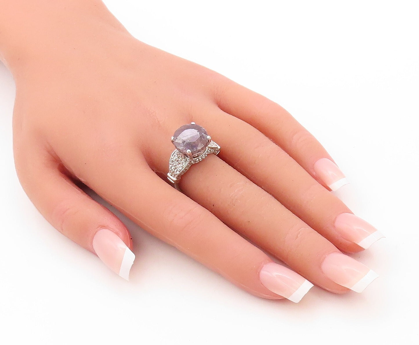925 Sterling Silver Vintage Ring Round Cut Gemstone Flora Carved CZ Sz 7 RG30829