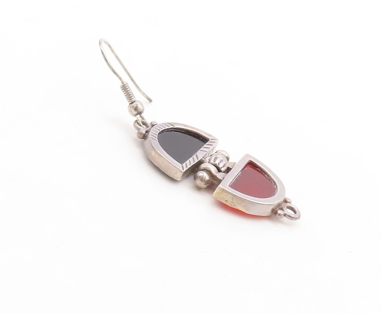 925 Sterling Silver Vintage Earrings D Shape Black & Red Onyx  EG13294