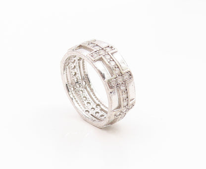 925 Sterling Silver Vintage Ring CZ Geometric Pattern Wide Band  Sz 7  RG36249