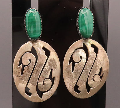NAVAJO 925 Silver  Vintage Swirly Fire Carved Oval Malachite Earrings  EG12480