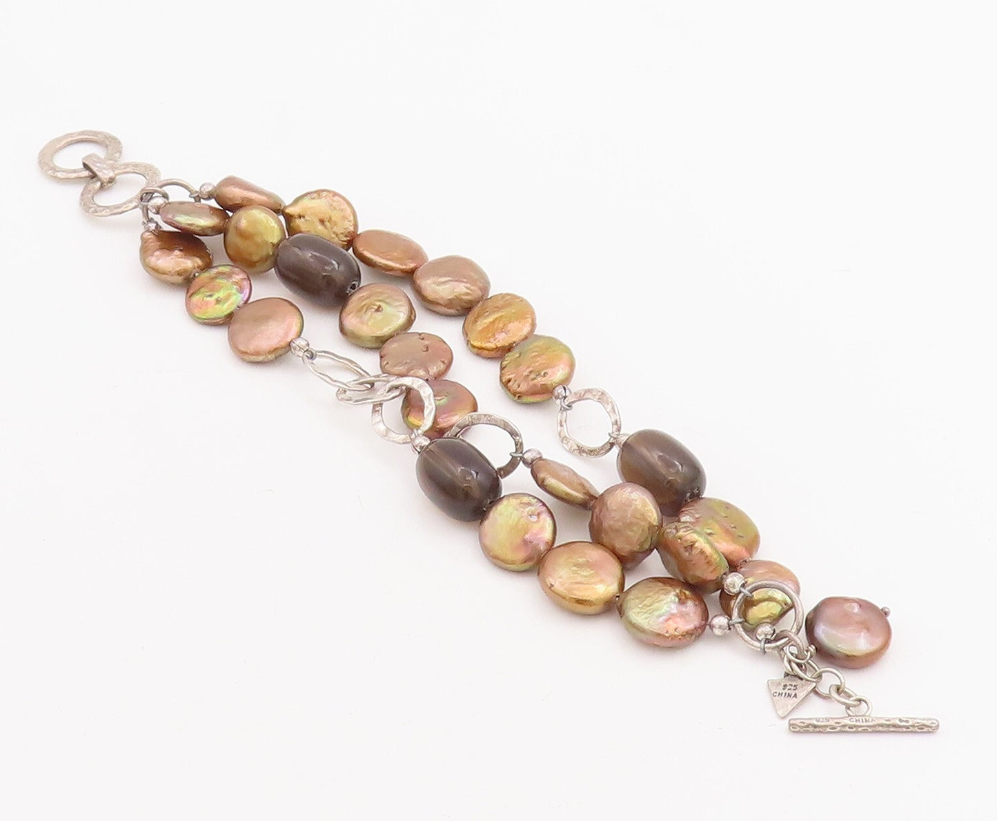 925 Sterling Silver Vintage Bracelet Designer Abalone & Smokey Quarts  BT10670