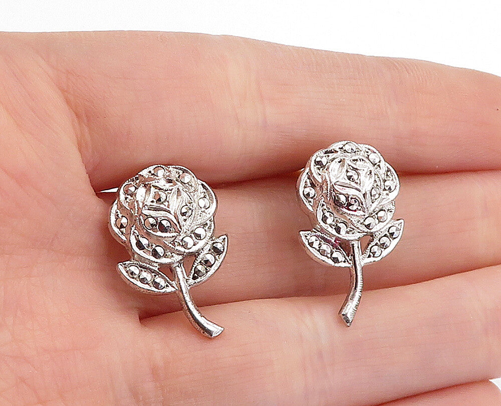 925 Sterling Silver  Vintage Sparkling Rose Flower Shiny Drop Earrings  EG2276