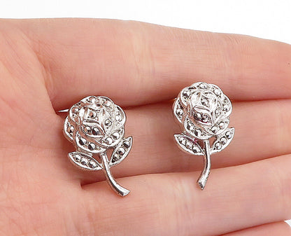 925 Sterling Silver  Vintage Sparkling Rose Flower Shiny Drop Earrings  EG2276
