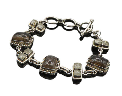 925 Sterling Silver  Vintage Smoky Topaz & Quartz Chain Bracelet  BT7725