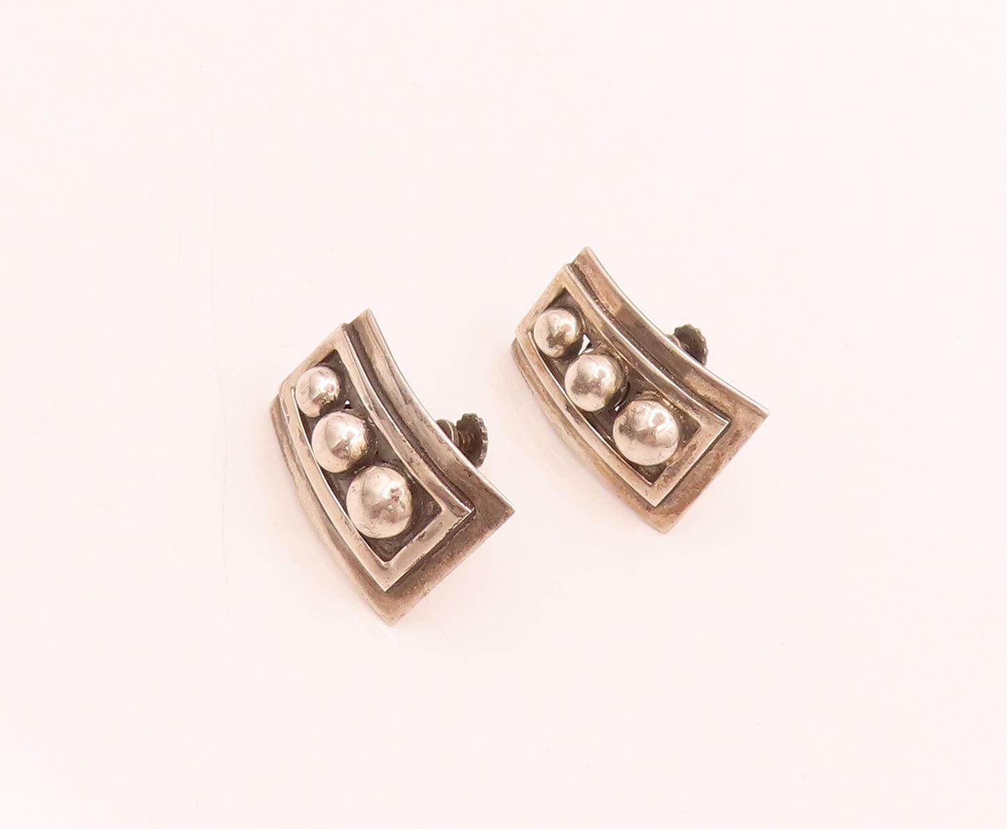 MEXICO 925 Sterling Silver Vintage Carved Rectangular Beaded Earrings  EG12474