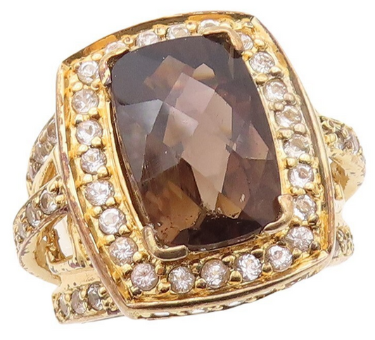 925 Sterling Silver Vintage Ring Gold Plated Smoky Quartz & Topaz  Sz 7  RG29975