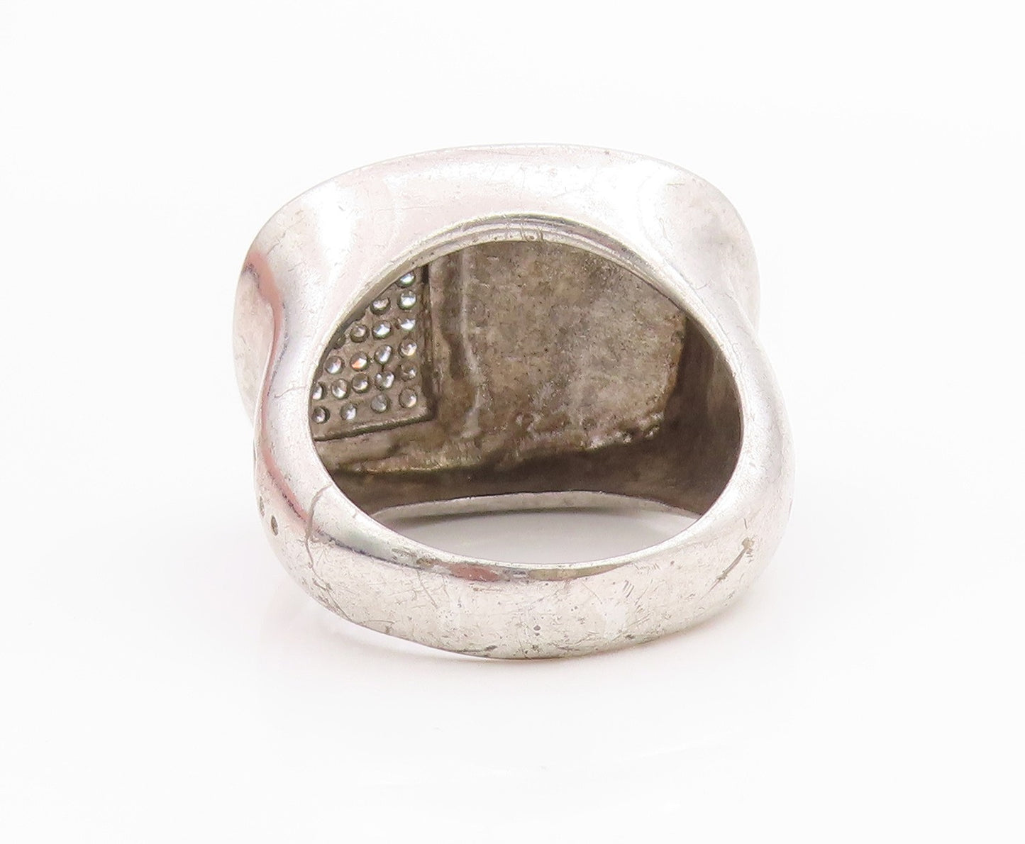 925 Sterling Silver Vintage Ring Diamonds Inlay Lovers Names Etched Sz 7 RG33188