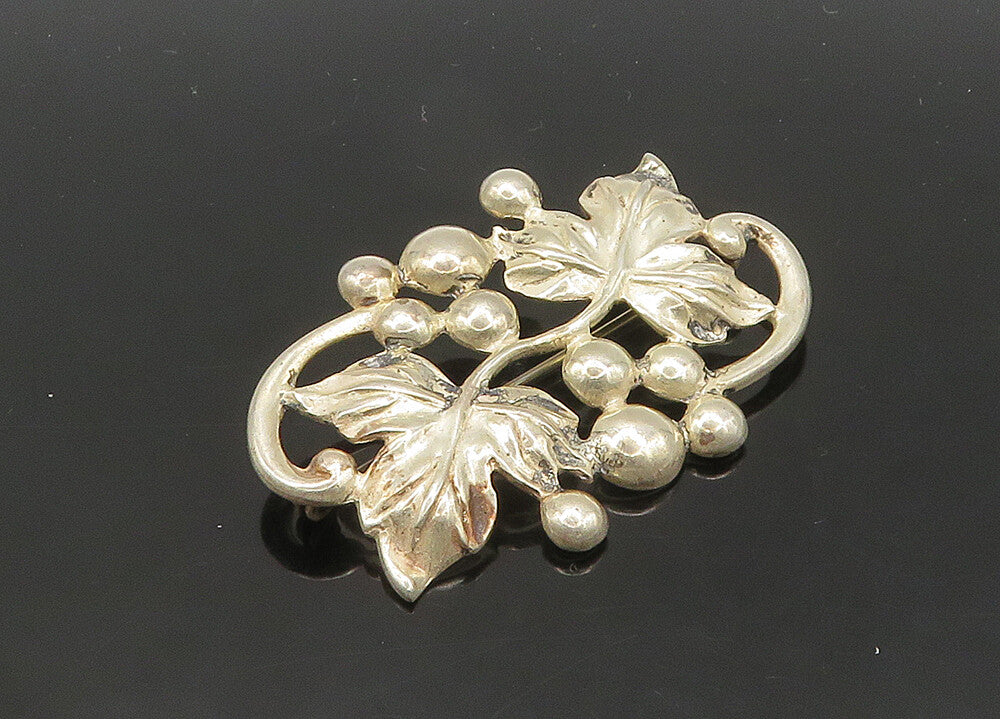 DANECRAFT 925 Silver  Vintage Shiny Floral Grape Vine Motif Brooch Pin  BP8204