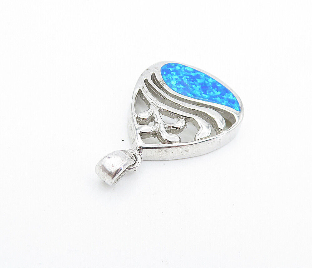 925 Sterling Silver  Petite Shiny Inlaid Blue Fire Opal Cutout Pendant  PT5561