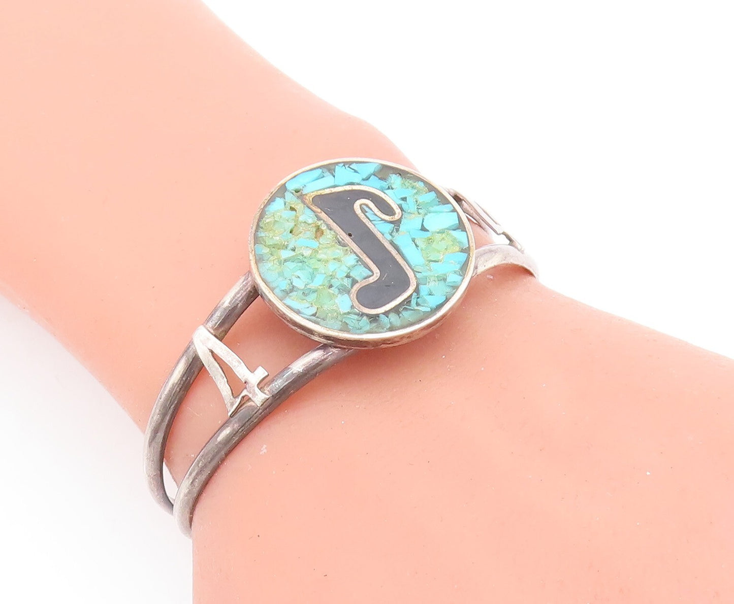 925 Sterling Silver Vintage Bracelet Round Crushed Turquoise Inlay   BT10662