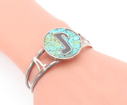 925 Sterling Silver Vintage Bracelet Round Crushed Turquoise Inlay   BT10662
