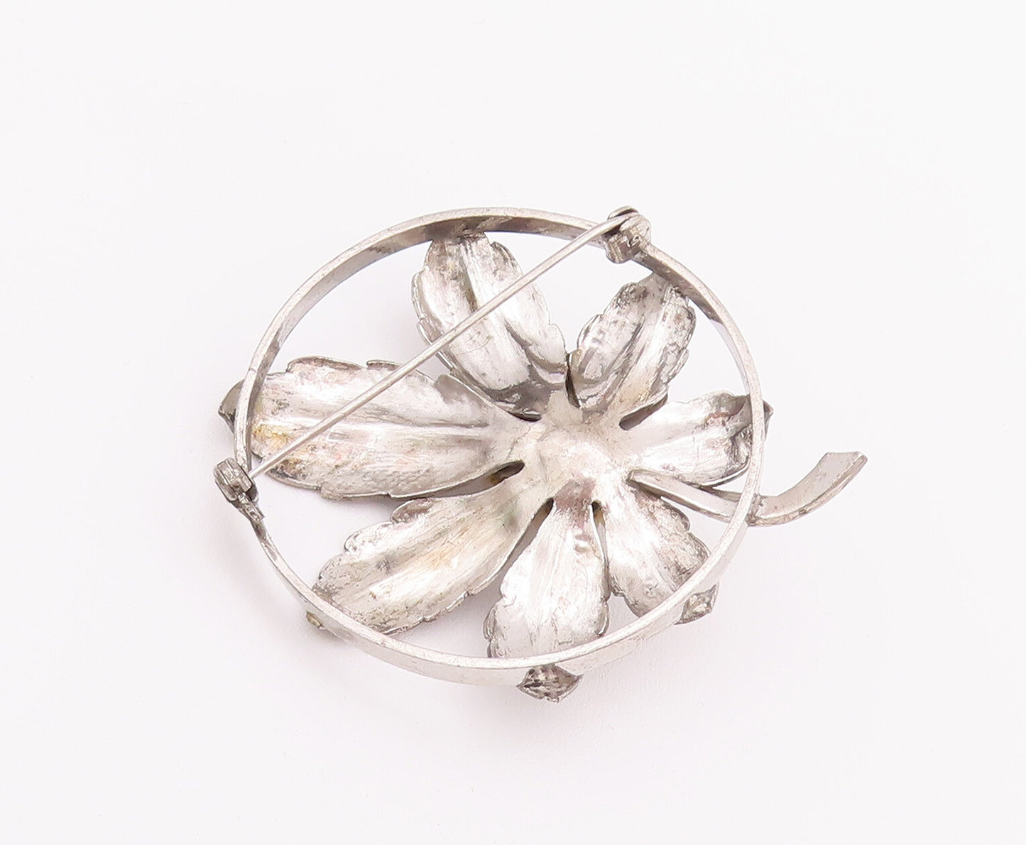 925 Sterling Silver Vintage Brooch Pin Pearls Carved Leaves Round Frame  BP10775