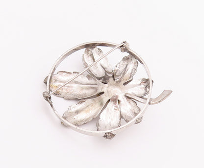 925 Sterling Silver Vintage Brooch Pin Pearls Carved Leaves Round Frame  BP10775