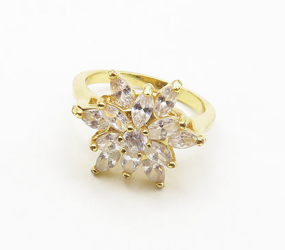 925 Sterling Silver  Cubic Zirconia Floral Gold Plated Band Ring Sz 7 RG15930