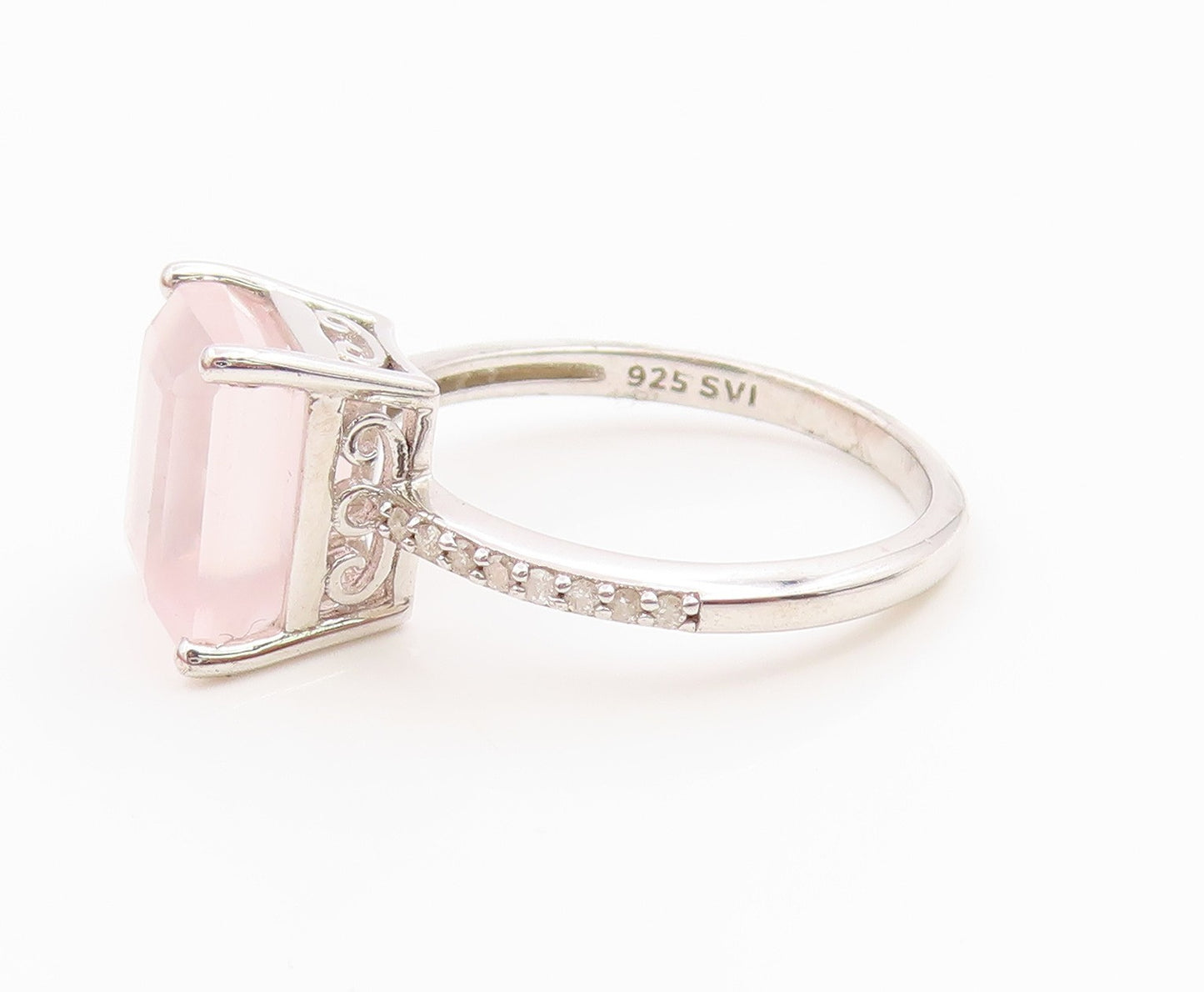 925 Sterling Silver Vintage Ring Real Diamonds & Rose Quartz Band  Sz 7  RG36061