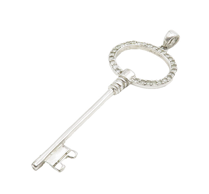 925 Sterling Silver  Shiny White Topaz Open Key Motif Drop Pendant  PT10626