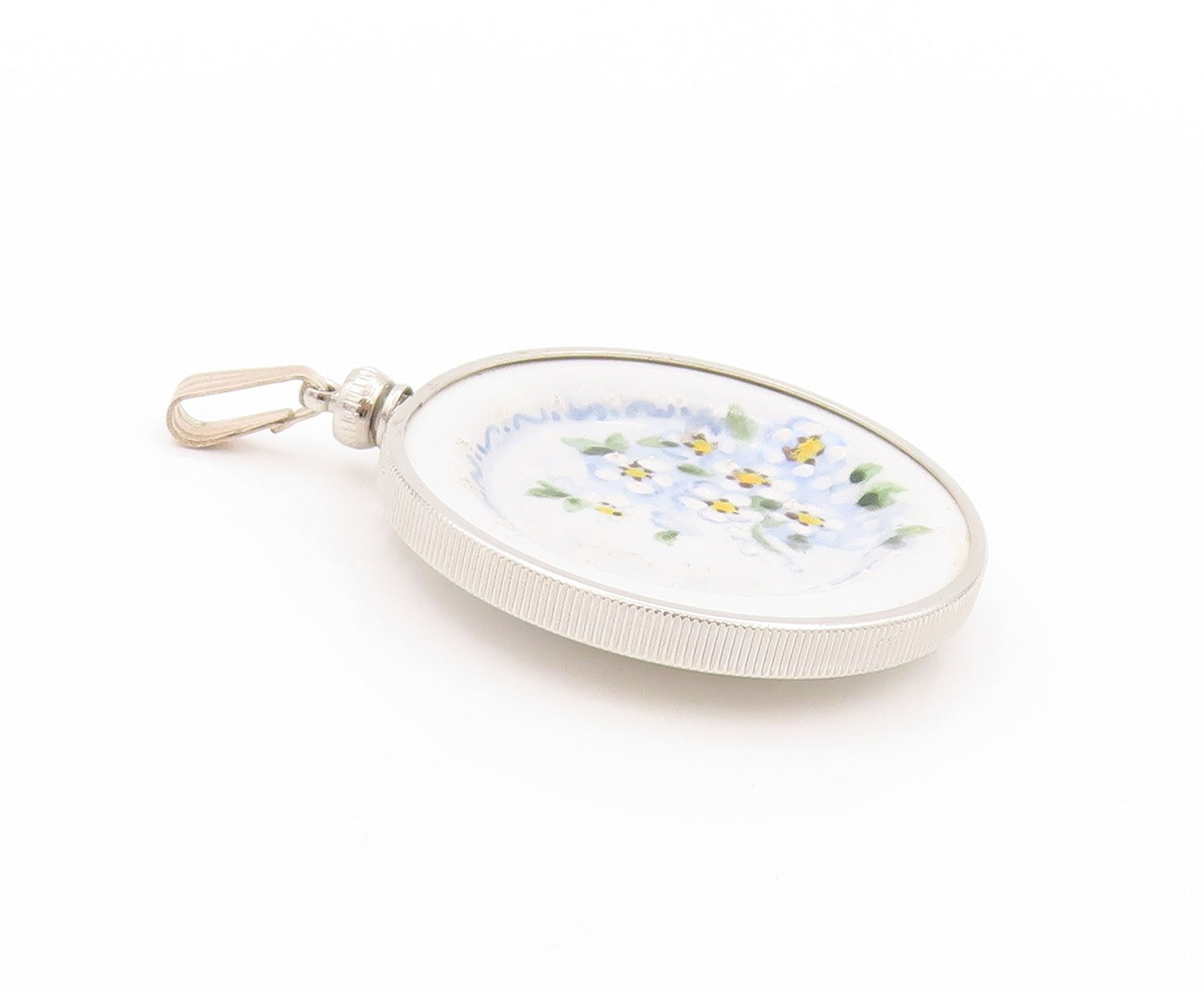 925 Sterling Silver Vintage Pendant SUE POWELL Floral Enameled Plate  PT24041