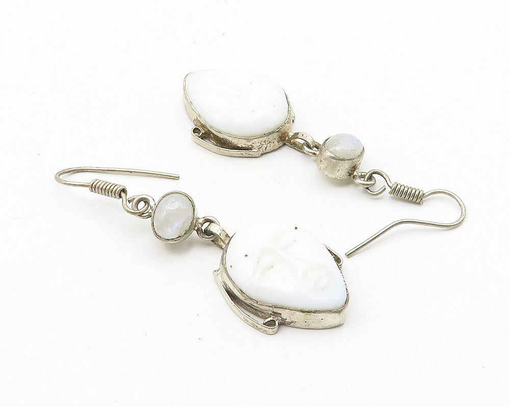 925 Silver  Vintage Cabochon Cut Moonstone Face Carved Dangle Earrings  EG5718