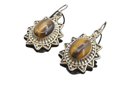 925 Sterling Silver  Vintage Cabochon Cut Tiger's Eye Dangle Earrings  EG3747
