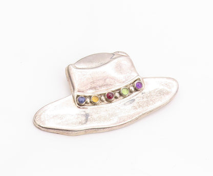925 Sterling Silver Vintage Brooch Cabochon Gemstones Cow Boy Hat  BP11579