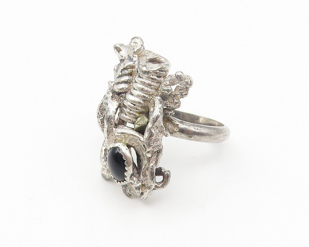 925 Sterling Silver  Vintage Black Onyx Sculpted Cocktail Ring Sz 7.5  RG11072