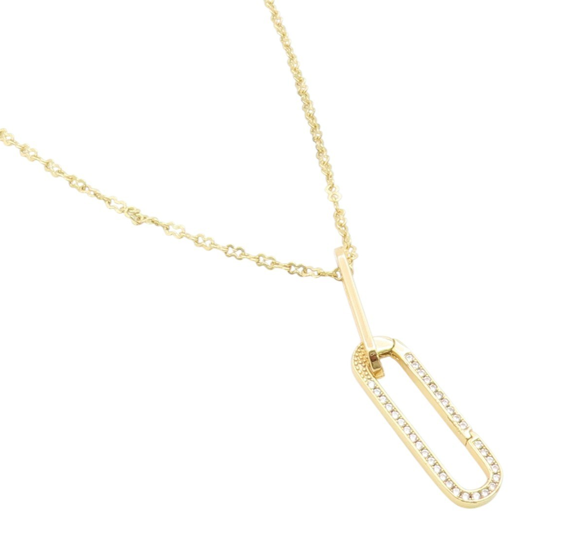 925 Sterling Silver Vintage Necklace Gold Plated CZ Pave Paperclip Drop  NE4869