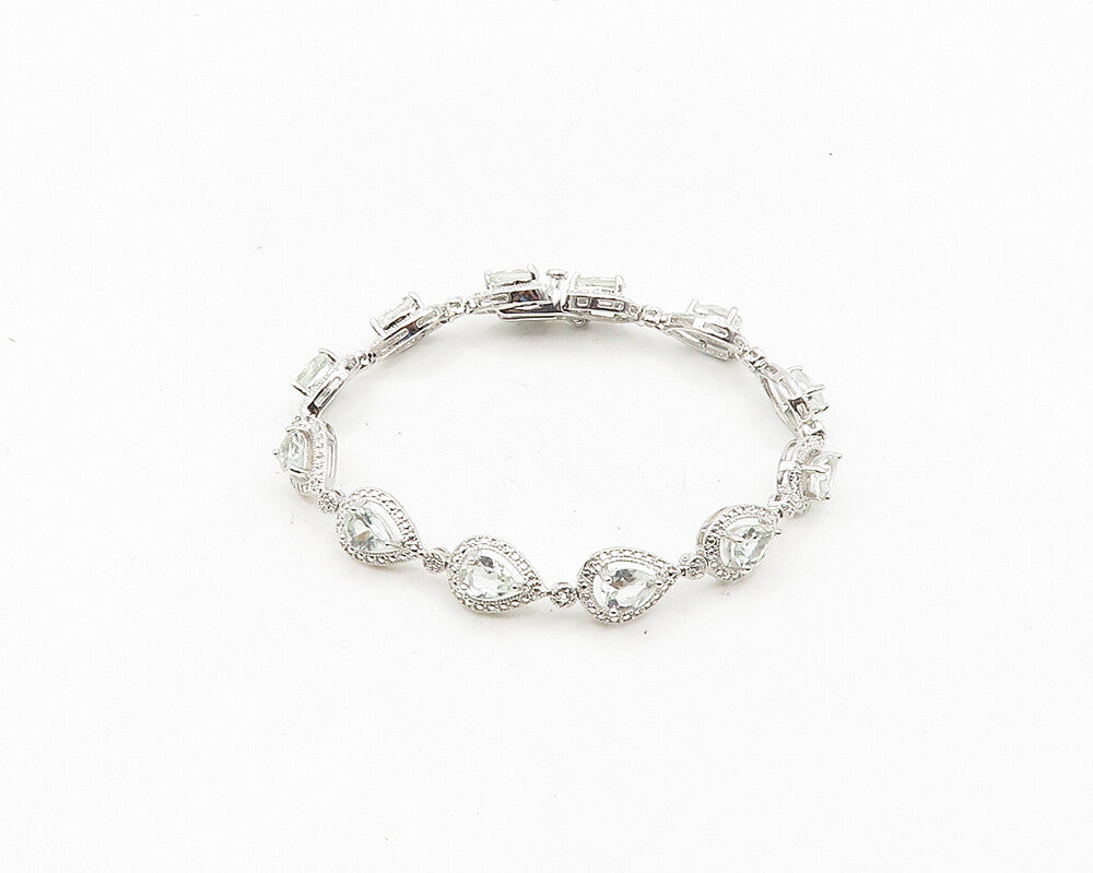 925 Sterling Silver  Genuine Diamond & Topaz Tear Drop Chain Bracelet  BT7251