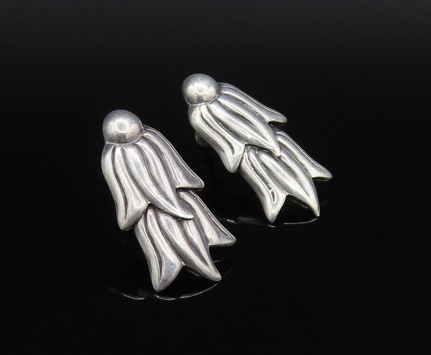 MEXICO 925 Silver  Vintage Double Tulip Flowers Screw Back Earrings  EG12145