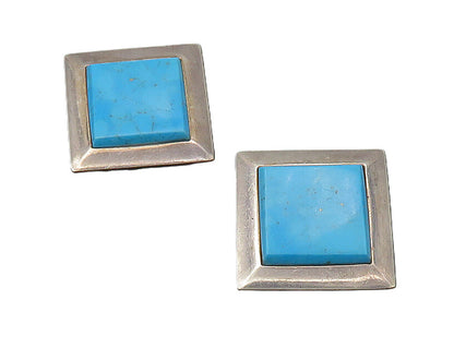 TAXCO 925 Silver  Vintage Turquoise Square Non Pierce Drop Earrings  EG11010
