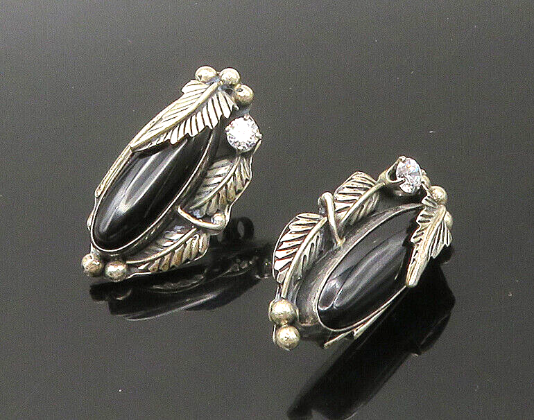 NAVAJO 925 Sterling Silver  Vintage Black Onyx & Cubic Zirconia Earrings EG11078