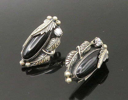 NAVAJO 925 Sterling Silver  Vintage Black Onyx & Cubic Zirconia Earrings EG11078