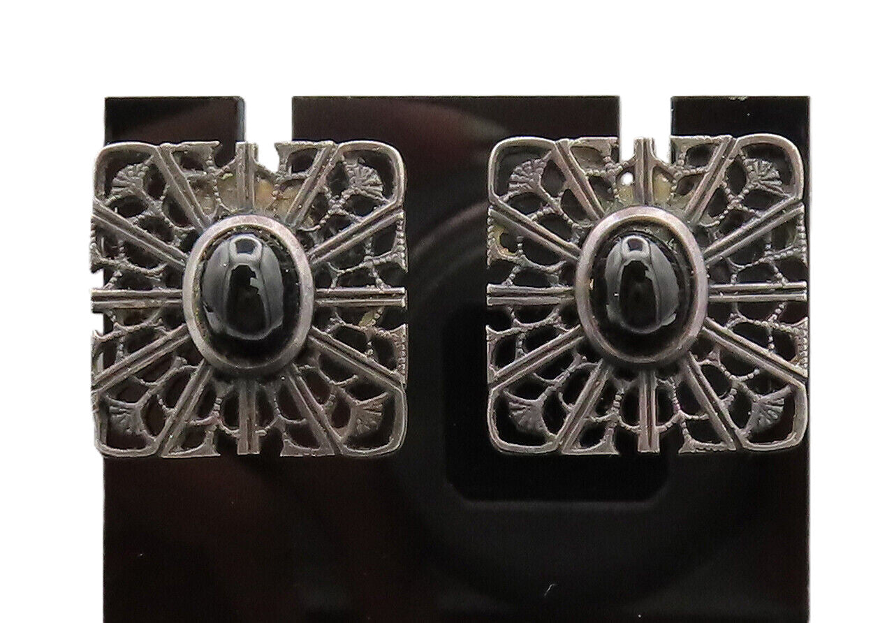 CELLINI 925 Silver  Vintage Antique Filigree Cut Square Onyx Earrings  EG12654