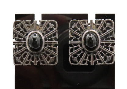 CELLINI 925 Silver  Vintage Antique Filigree Cut Square Onyx Earrings  EG12654